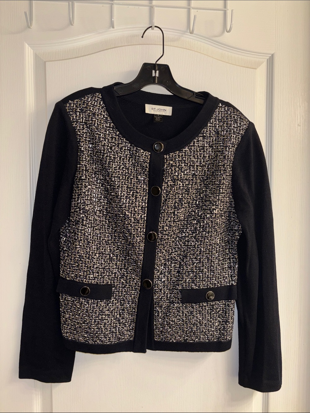 St. John Black and White Tweed-Front Knit Blazer Beaded